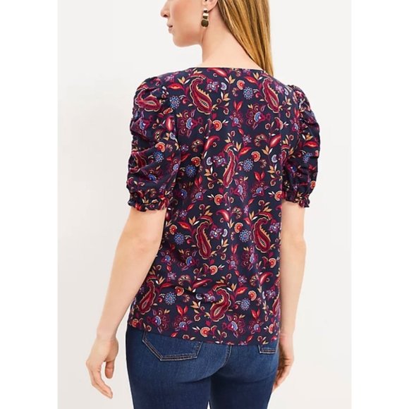 LOFT Women Paisley Ruffle Cinched Sleeve V-Neck Top Small - Picture 15 of 16